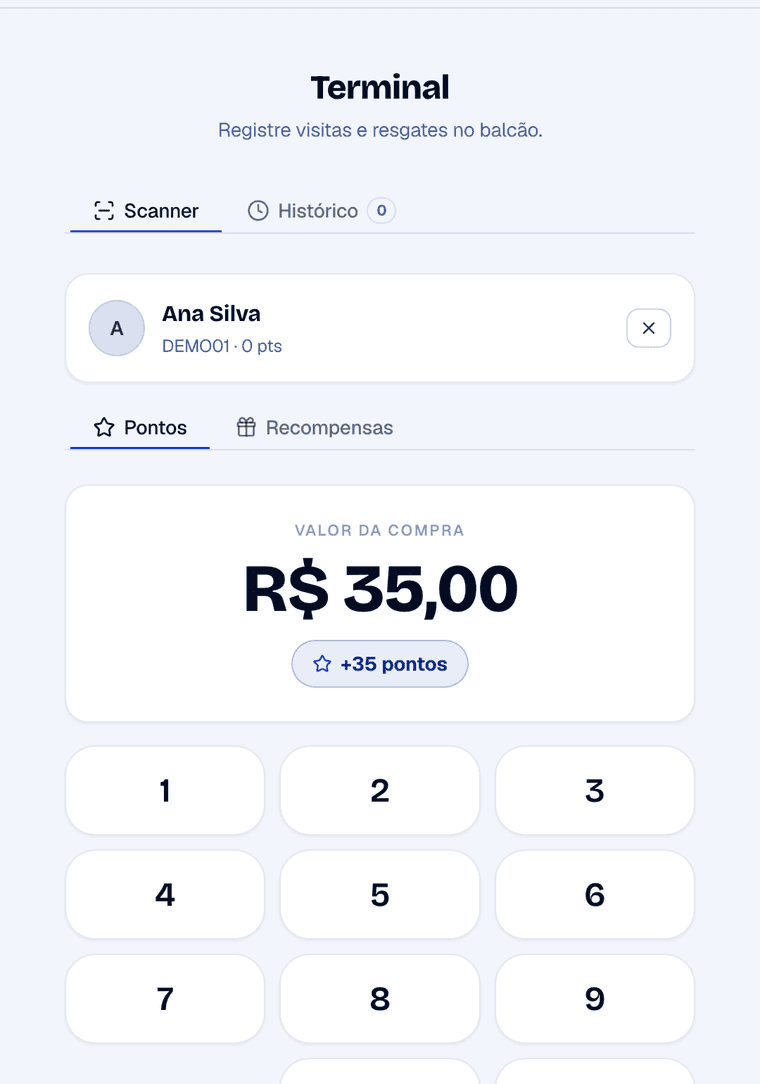 Tela do Fidelizei registrando uma compra de R$ 35,00 que vira 35 pontos